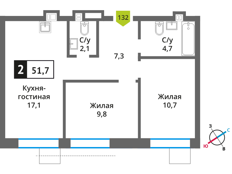 3 ккв (Евро) 51,7 м²