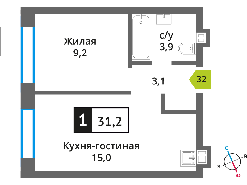 2 ккв (Евро) 31,2 м²