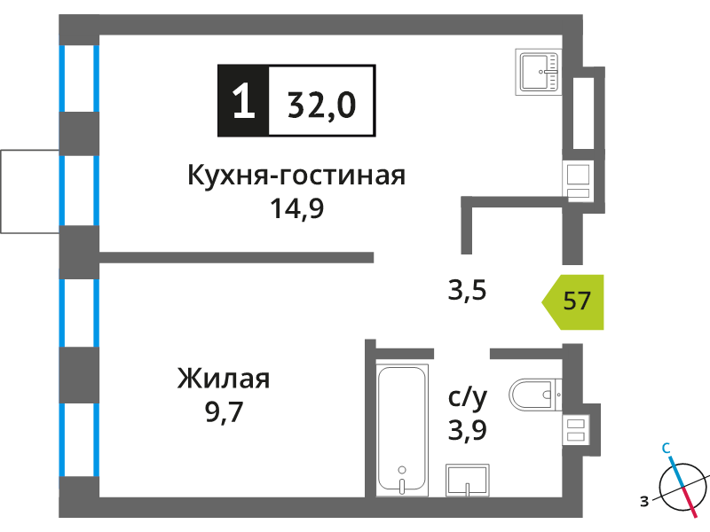 2 ккв (Евро) 32 м²