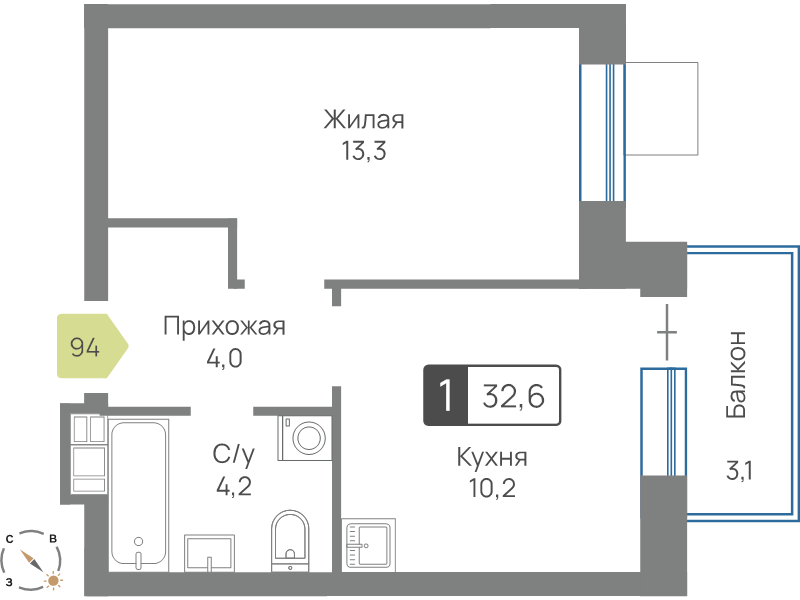 1 ккв 32,6 м²