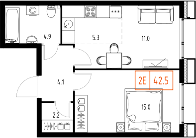 2 ккв (Евро) 42,4 м²