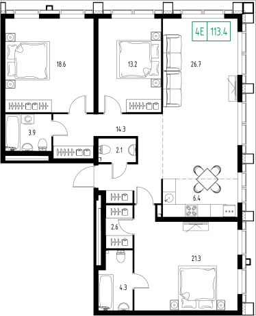 4 ккв (Евро) 113,2 м²
