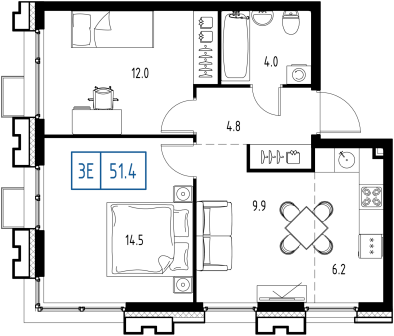 3 ккв (Евро) 51,7 м²