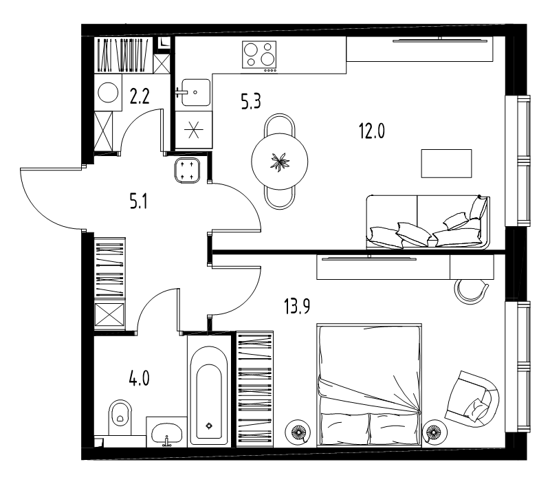 2 ккв (Евро) 42,2 м²
