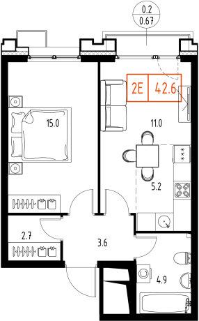 2 ккв (Евро) 42,8 м²
