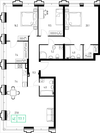 4 ккв (Евро) 118,4 м²