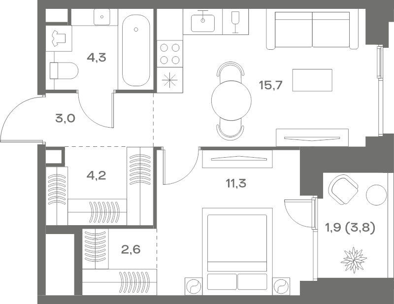 2 ккв (Евро) 43 м²