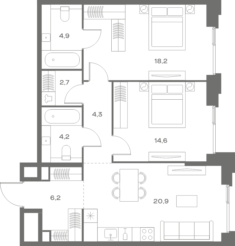 3 ккв (Евро) 76 м²