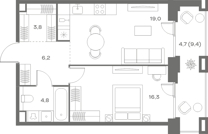2 ккв (Евро) 54,8 м²