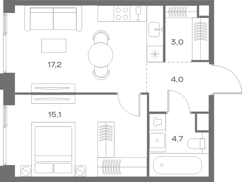 2 ккв (Евро) 44 м²