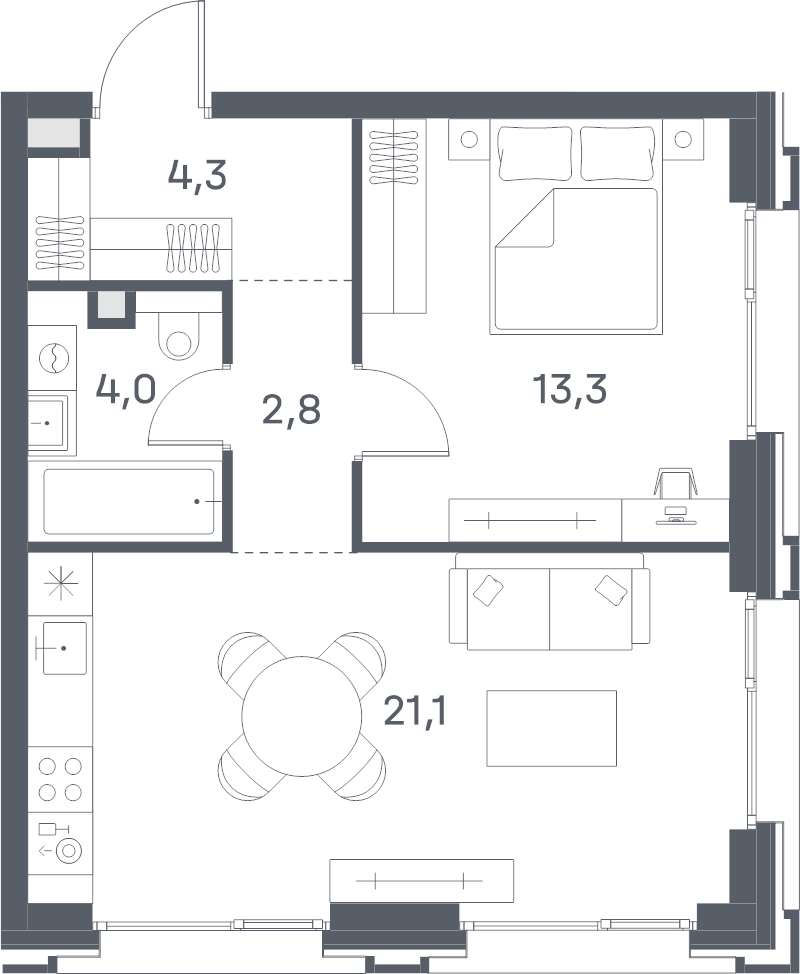 2 ккв (Евро) 45,5 м²