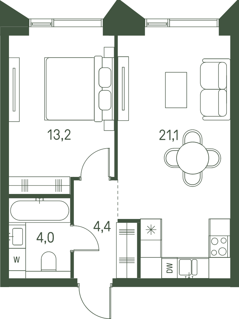 2 ккв (Евро) 42,7 м²