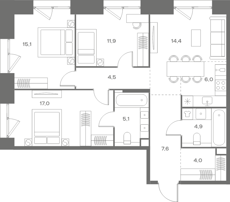 4 ккв (Евро) 90,5 м²