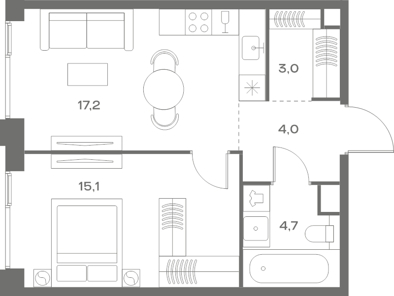 2 ккв (Евро) 44 м²