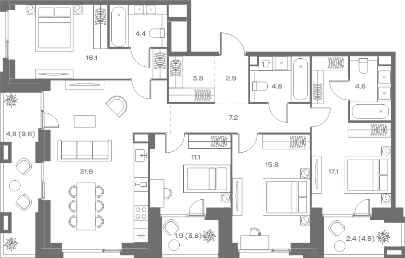 5 ккв (Евро) 128,8 м²