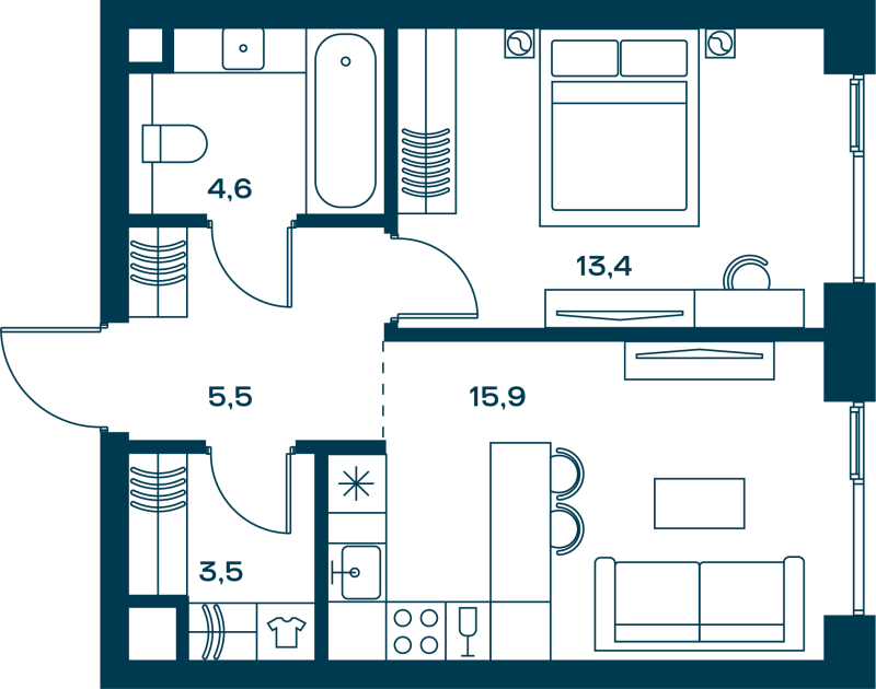 2 ккв (Евро) 44,9 м²