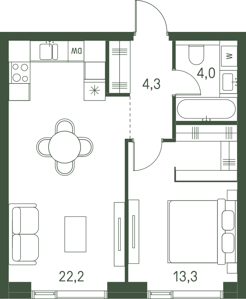 2 ккв (Евро) 43,8 м²