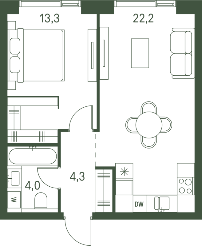 2 ккв (Евро) 43,8 м²