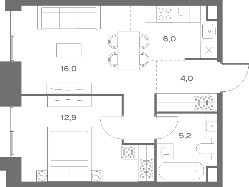2 ккв (Евро) 44,1 м²