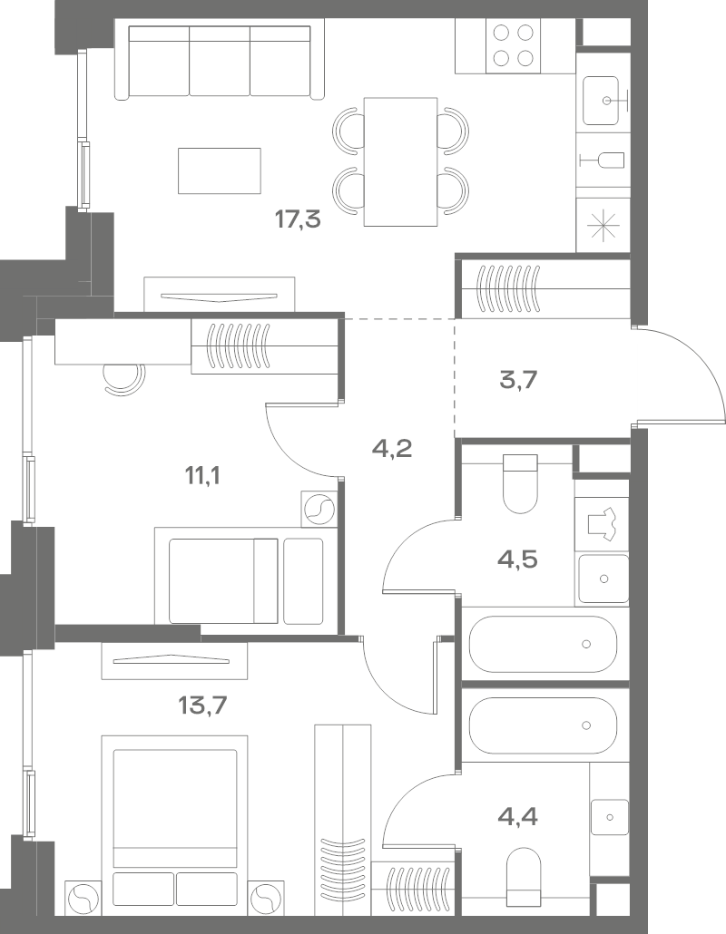 3 ккв (Евро) 58,9 м²