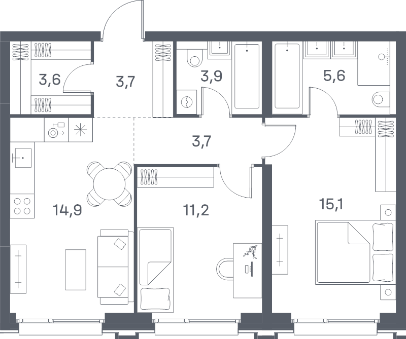 3 ккв (Евро) 61,7 м²