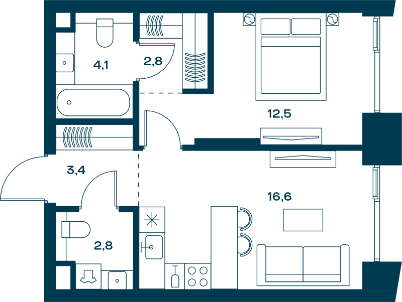 2 ккв (Евро) 43,4 м²