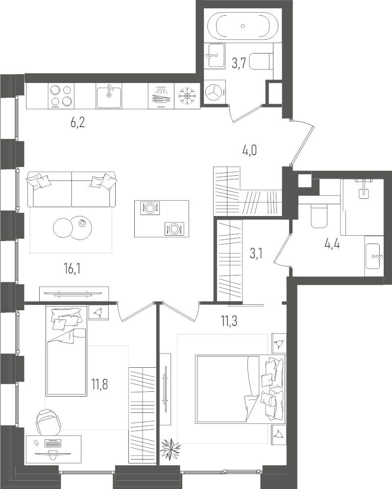 3 ккв (Евро) 60,6 м²
