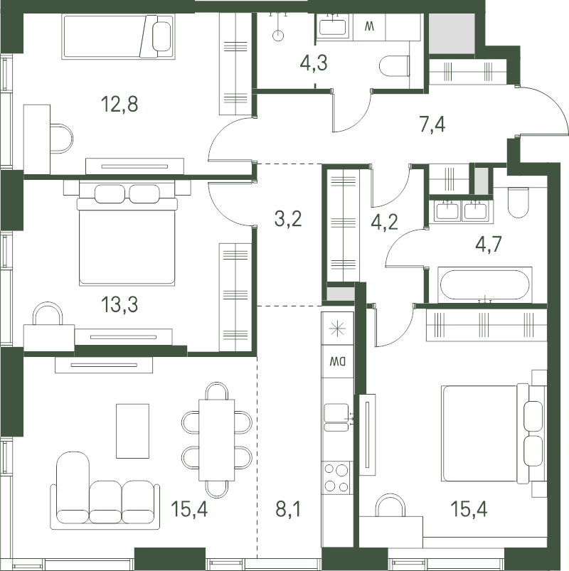 4 ккв (Евро) 88,8 м²