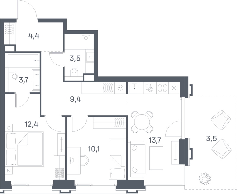 2 ккв 60,7 м²