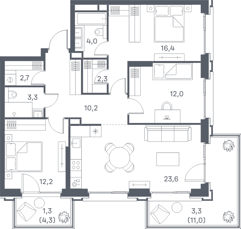 4 ккв (Евро) 91,3 м²