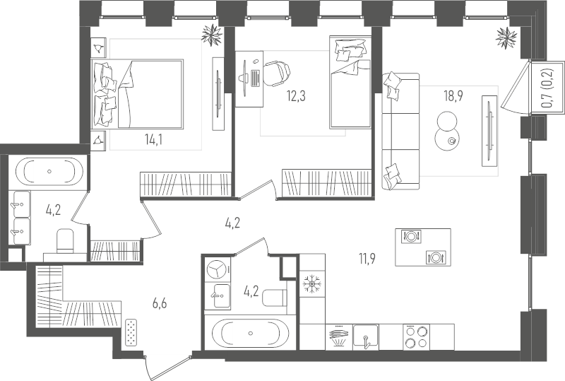 3 ккв (Евро) 76,6 м²