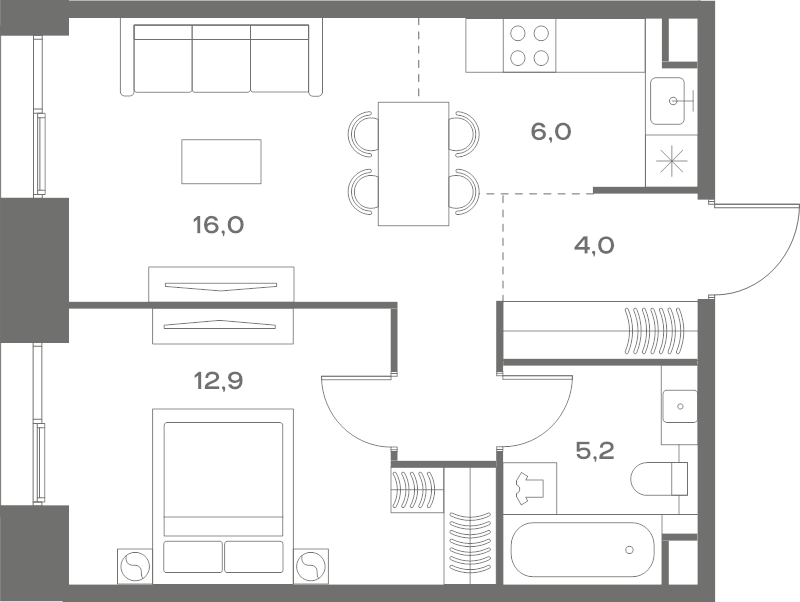 2 ккв (Евро) 44,1 м²