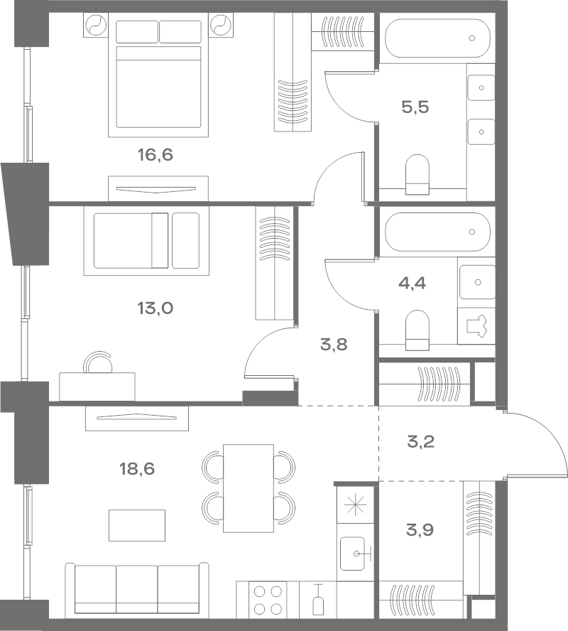 3 ккв (Евро) 69 м²