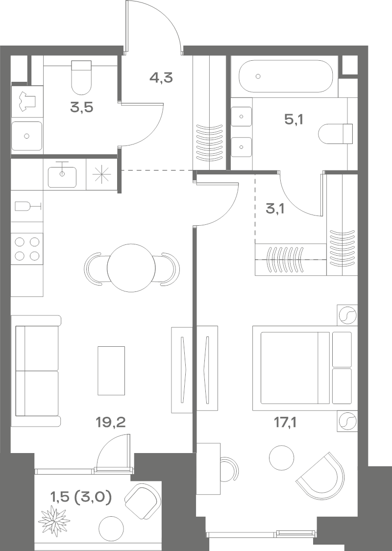 2 ккв (Евро) 53,8 м²