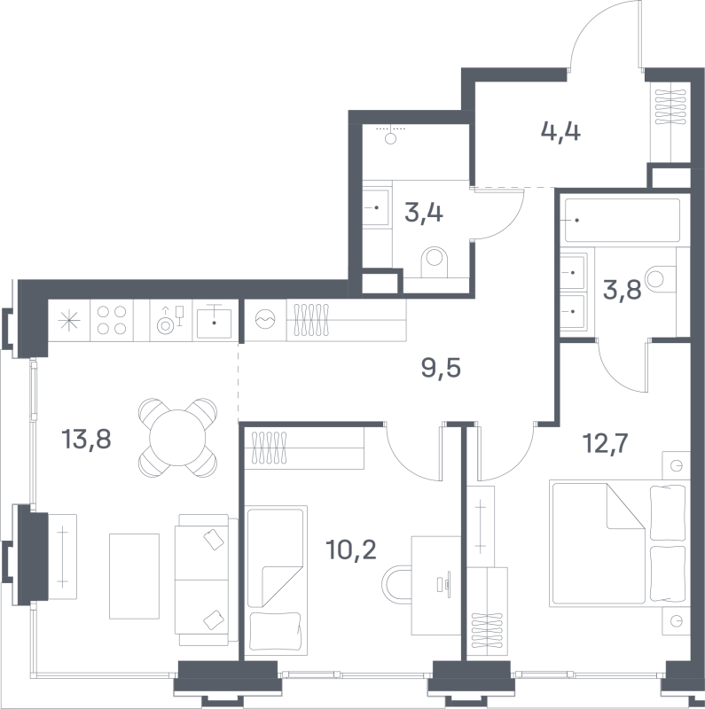 2 ккв 57,8 м²