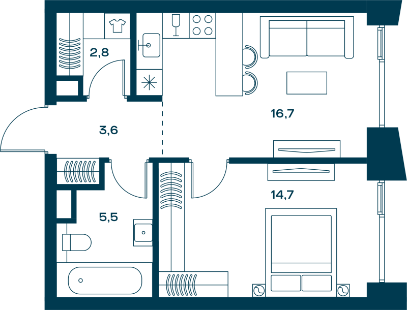 2 ккв (Евро) 44,4 м²