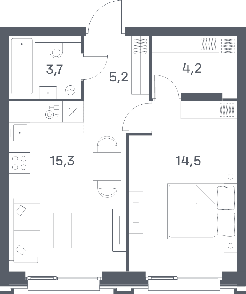 2 ккв (Евро) 42,9 м²