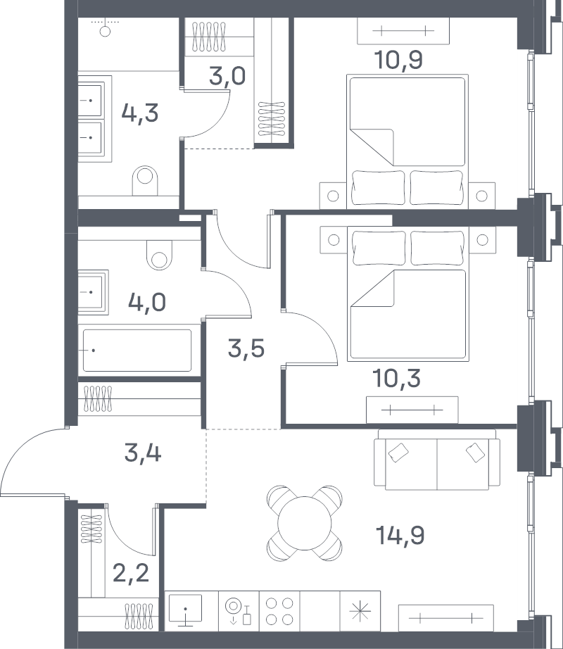 2 ккв 56,5 м²
