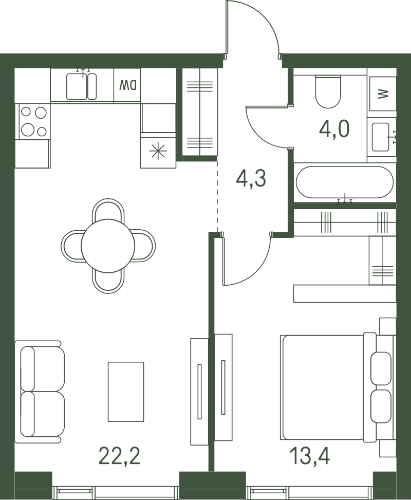 2 ккв (Евро) 43,9 м²