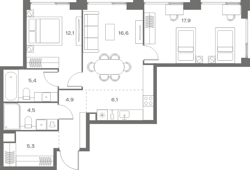 3 ккв (Евро) 72,8 м²