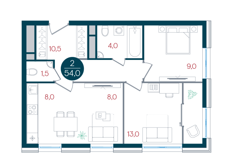 3 ккв (Евро) 54 м²