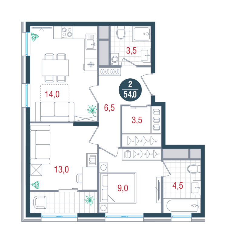 2 ккв 54 м²