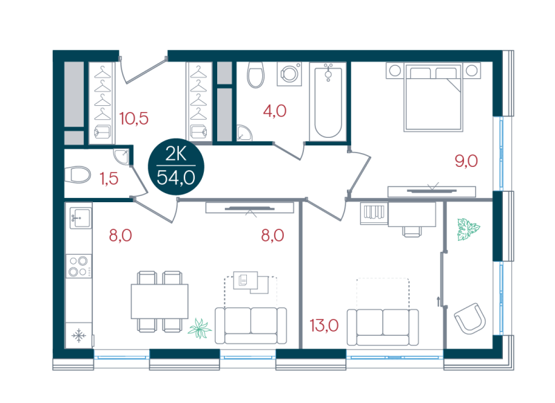 3 ккв (Евро) 54 м²