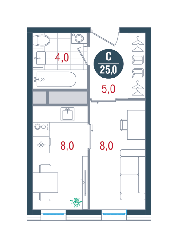 Студия 25 м²