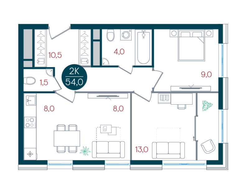 3 ккв (Евро) 54 м²