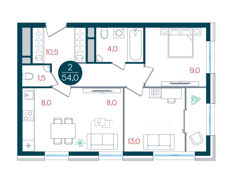 3 ккв (Евро) 54 м²