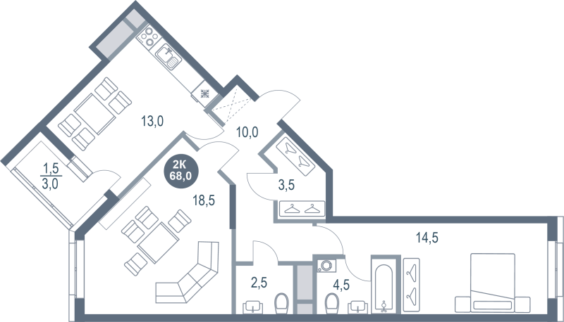 2 ккв 68 м²