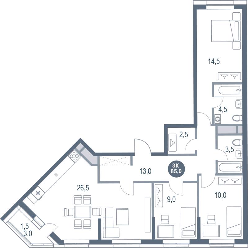 4 ккв (Евро) 85 м²