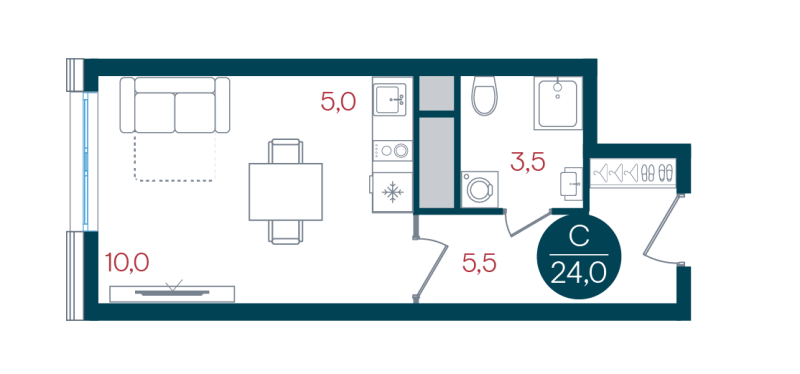 Студия 24 м²