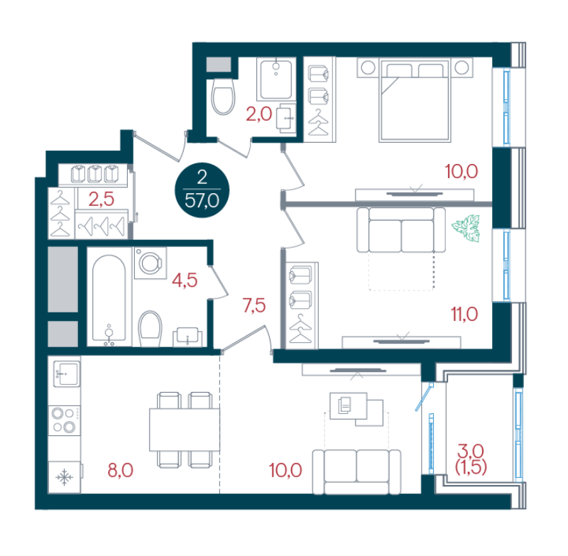 3 ккв (Евро) 57 м²